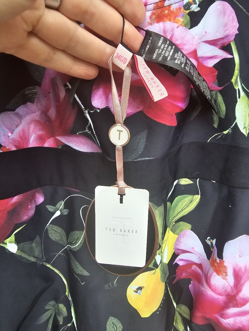 Ted Baker London One Piece Swimsuit Black Floral Lemon Print Underwire Bustier - Picture 8 of 14